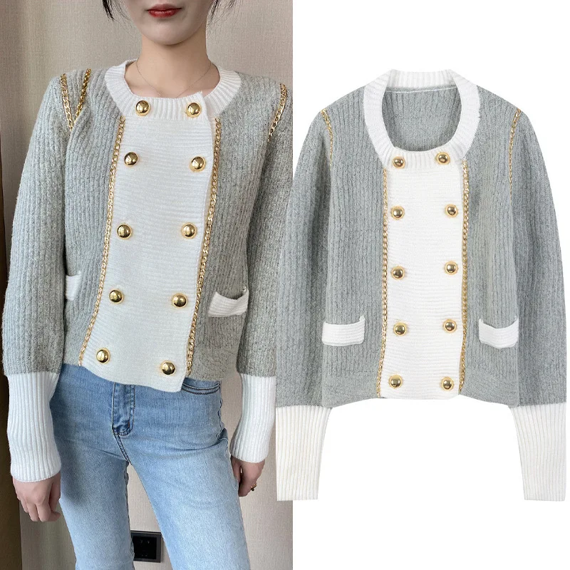 High Quality Chain Contrast Sweater Women Double breasted 2024 Spring New French Retro Long Sleeve Knitted Sweater Jumper Coat
High Quality Chain Contrast Sweater Women Double breasted 2024 Spring New French Retro Long Sleeve Knitted Sweater Jumper Coat