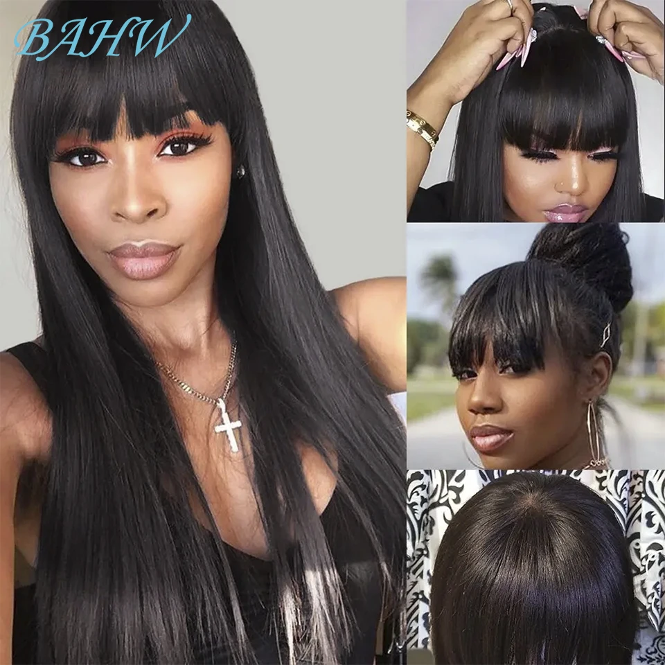 

Indian Raw Straight Full Machine Made Wig with Bang 180% Natural Color Hair Wig Pre-Plucked Virgin Hair Cheap Wig For BlackWomen