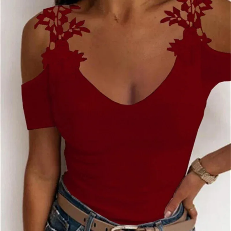 

Women Oversize Off Shoulder V-Neck Slim Casual Tops Tee Tunic 2023 Summer New Lace Petal Short Sleeve Solid Color Ladies T-Shirt