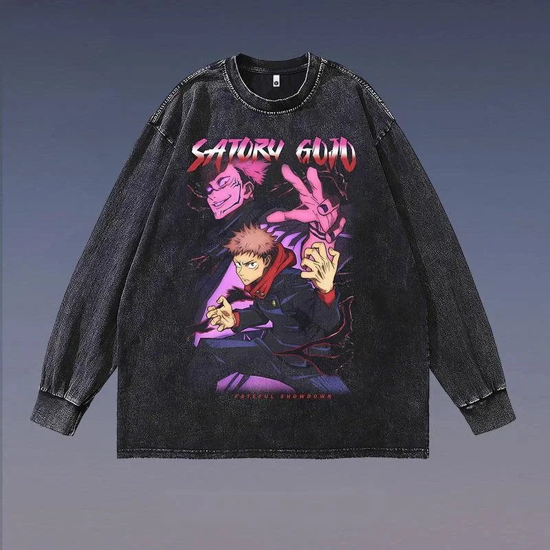 

Anime Jujutsu Kaisen Gojo Satoru Printed Tshirt Vintage Washed Distressed Cotton Pullover Unisex Chic HipHop Harajuku Streetwear
