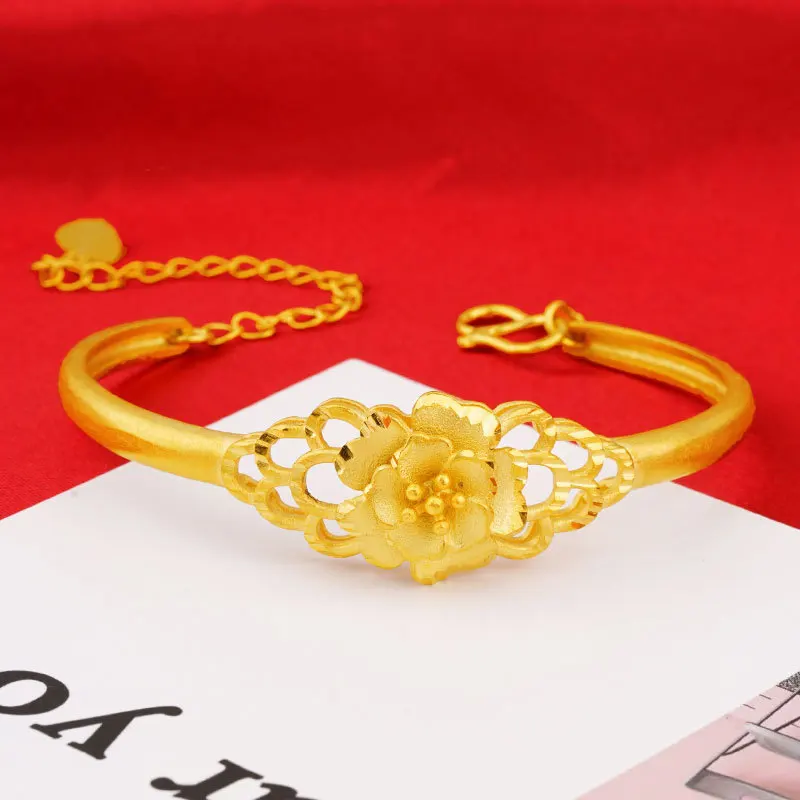 

Pure Gold 18K Yellow Hollow Flower Bracele for Women's Bride Wedding Open Adjustable Bangle Bracelet Gifts Jewelry