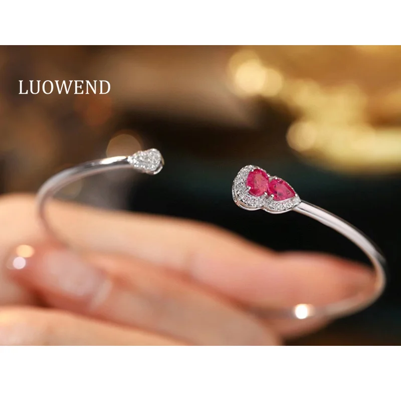

LUOWEND 18K White Gold Bangle Luck Gourd Design Real Diamond Natural Ruby Bangle for Women Birthday Gift High Jewelry