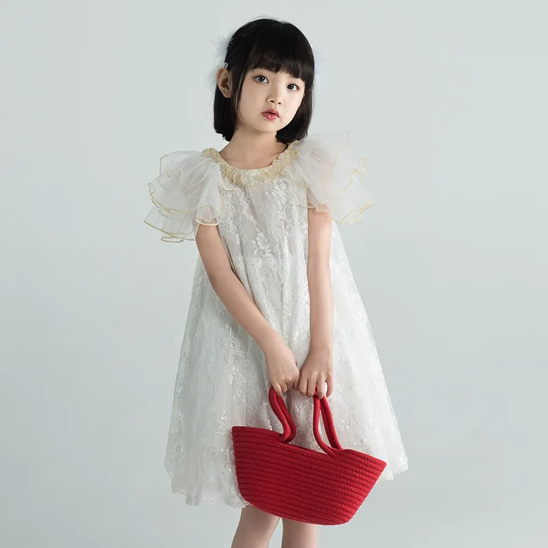 

2023 Summer Flare Sleeve Princess Dress New Lace Mesh Splice Youth and Children Lace Dress Girls' Dress