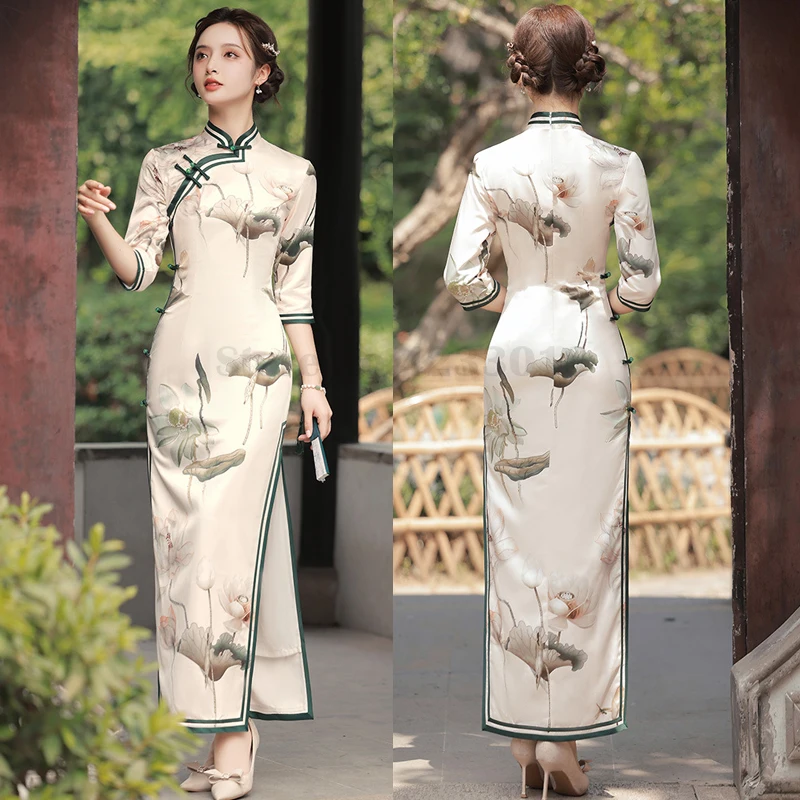 

Women's Sexy High Slit Cheongsam Slim Fit Satin Long Chinese Dress Traditional Mandarin Collar Qipao Temperament Party Vestidos