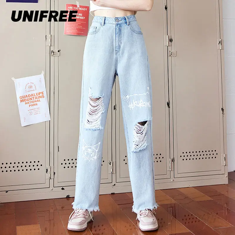 Sanrio Kuromi High Waist Straight Pants Cute Girl Cartoon Solid Color Look Thin Wide Leg Hole Jeans Student Anime Nine Pants
Sanrio Kuromi High Waist Straight Pants Cute Girl Cartoon Solid Color Look Thin Wide Leg Hole Jeans Student Anime Nine Pants