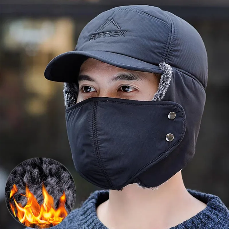 

Outdoor Warm Faux Fur Bomber Hats for Men Winter Soft Thicker Plus Velvet Thermal Hat Ear Flap Bonnets Caps Sports Ski Mask Cap