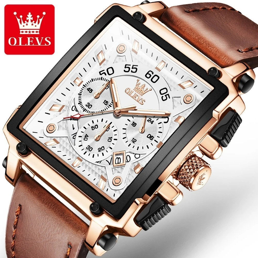 

OLEVS 9919 Quartz Sport Watch Gift Rectangular-dial Genuine Leather Watchband Chronograph Calendar Luminous Small second
