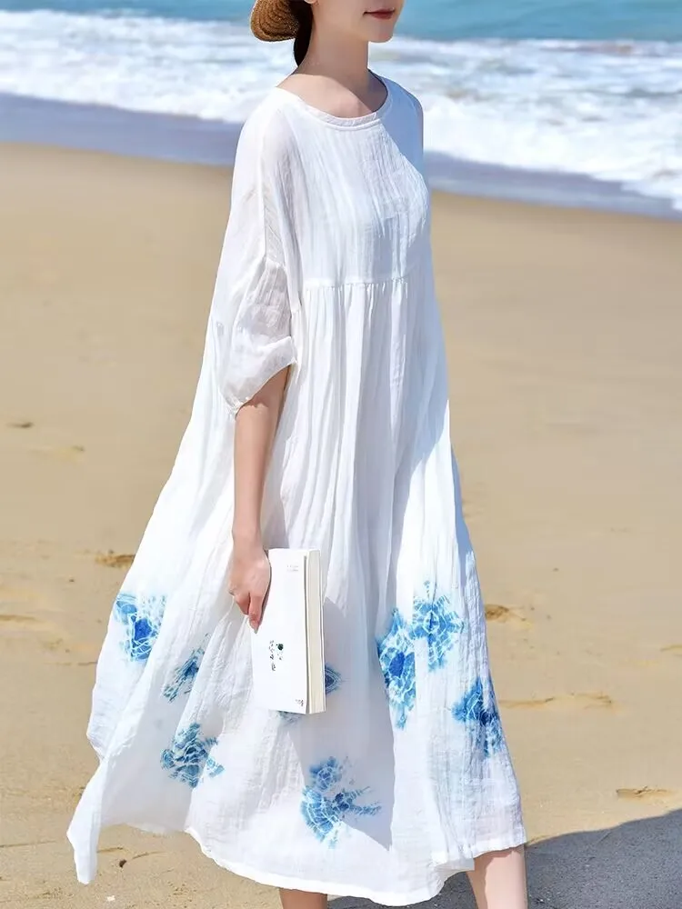 

Women Summer Ramie Double layered Dress New Lazy Beach Vacation Cotton and Linen Oversize Blue Dyed Loose Long Dress 2024 X975