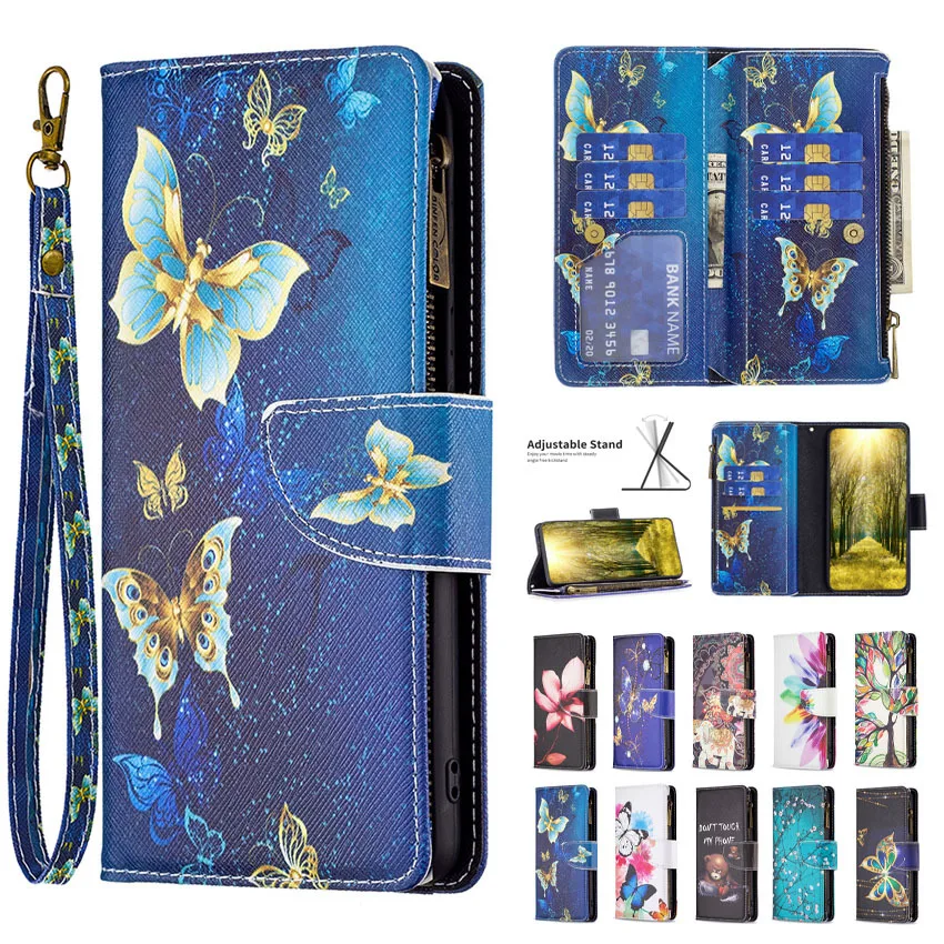

Painted Zipper Wallet Card Slot Leather Case For Samsung Galaxy S20 S21 FE S22 S23 Plus Ultra S10 Note10 Lite 20 Flip Book Cover