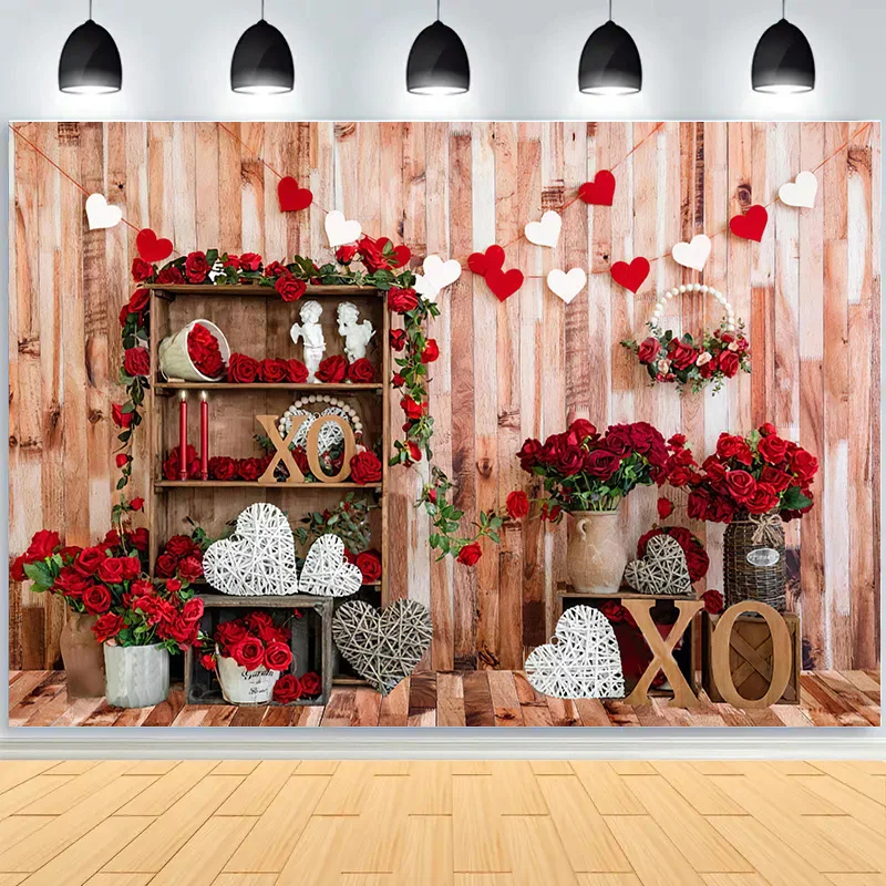 

Romantic Valentine's Day Photography Backdrops Props Red Rose Birthday Love Wedding Love Hearts Photo Studio Background VS-60