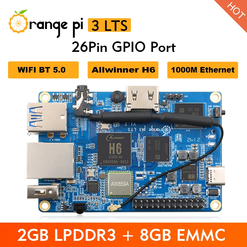 

Orange Pi 3 LTS 2GB LPDDR3 8GB EMMC Allwinner H6 Processor Open Source Computer HDMI WIFI BT 5.0 Support Android 9 Ubuntu Debian