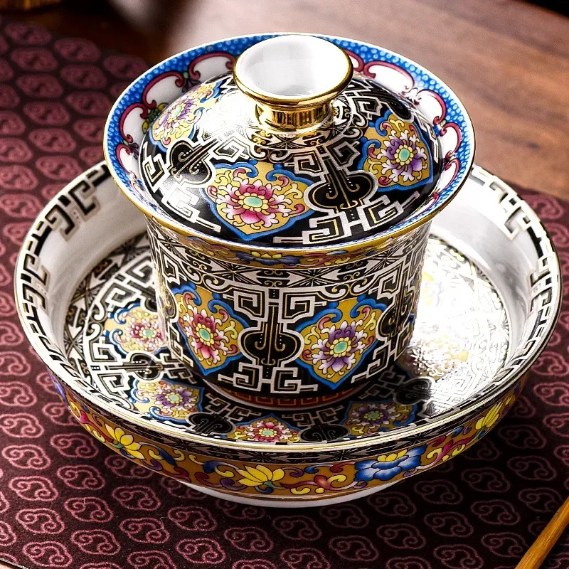 

Цветные эмалированные керамические чайные чашки санкai Gaiwan, элегантные ретро высококачественные фарфоровые чайные чашки Gongfu