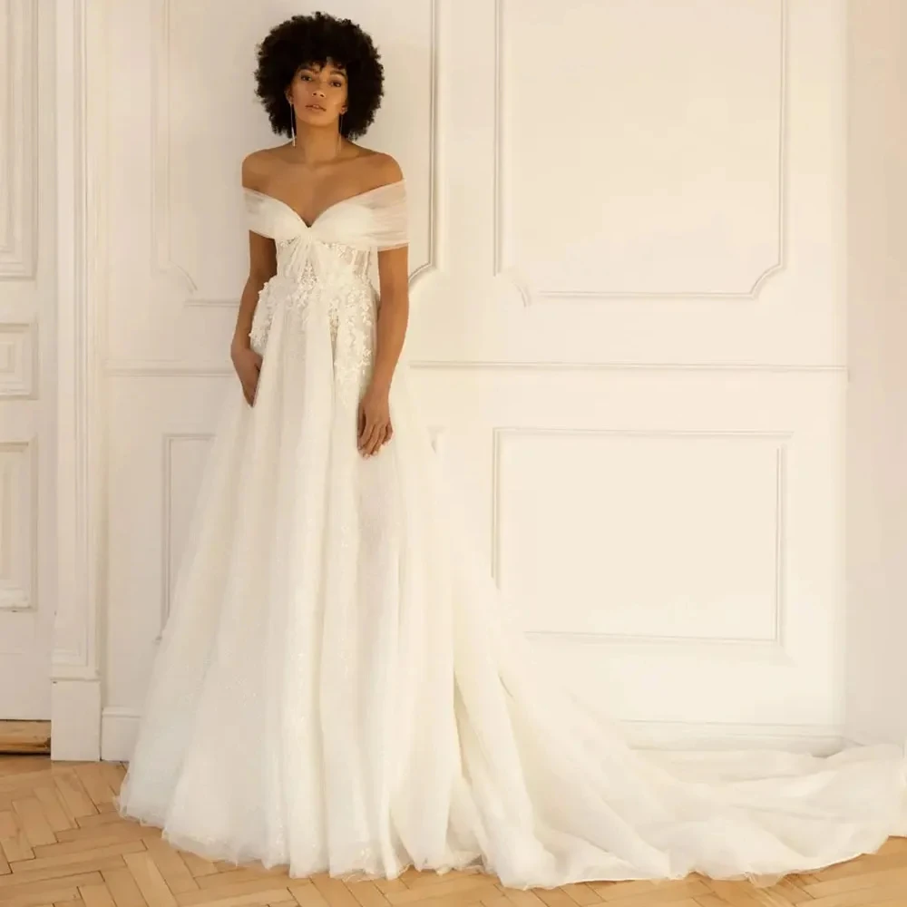 Elegant Tulle Wedding Dresses Off the Shoulder Lace Vestidos Zipper Back Hochzeitskleid Classic Robe De Mariage Shining Novia
Elegant Tulle Wedding Dresses Off the Shoulder Lace Vestidos Zipper Back Hochzeitskleid Classic Robe De Mariage Shining Novia