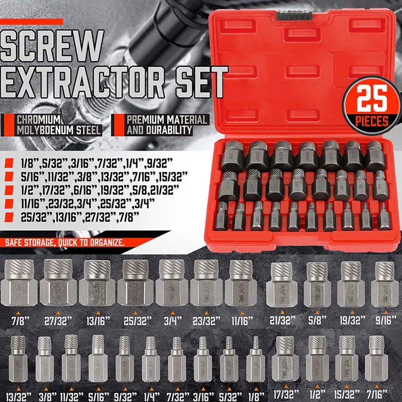 3/4'' 1/4'' 3/8'' 25 Piece Damaged Screw Extractor Set Multi-Spline Easy Out Broken Bolt Remover Tool Set
3/4'' 1/4'' 3/8'' 25 Piece Damaged Screw Extractor Set Multi-Spline Easy Out Broken Bolt Remover Tool Set