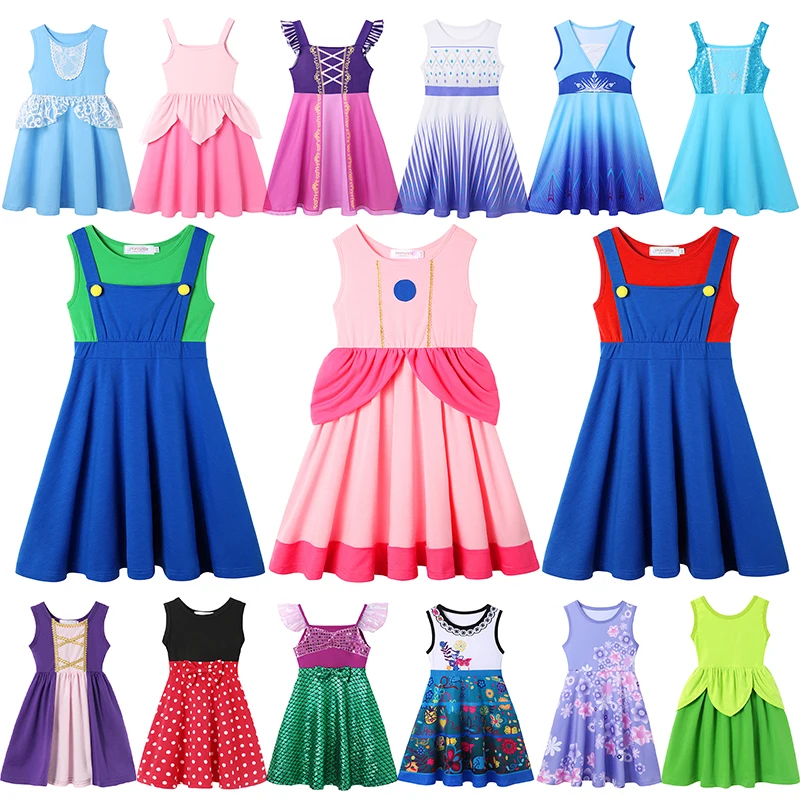 

2024 Girls Princess Style Summer Vest Dress Cotton Knee Length Sundress Toddler Elsa Anna Ariel Rapunzel Role Play Clothing