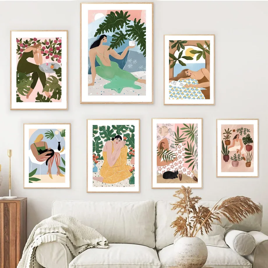 

Тропическая Мода девушка монстера растения минималистская настенная Картина на холсте плакаты и принты настенные картины для декора гостиной