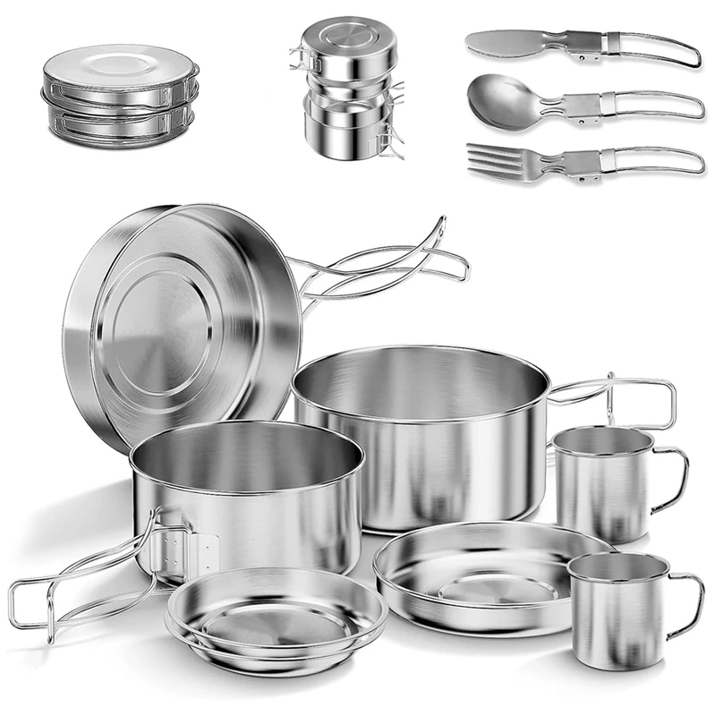 

Набор посуды для кемпинга, серебристый походный набор посуды из нержавеющей стали, складной и Штабелируемый набор посуды