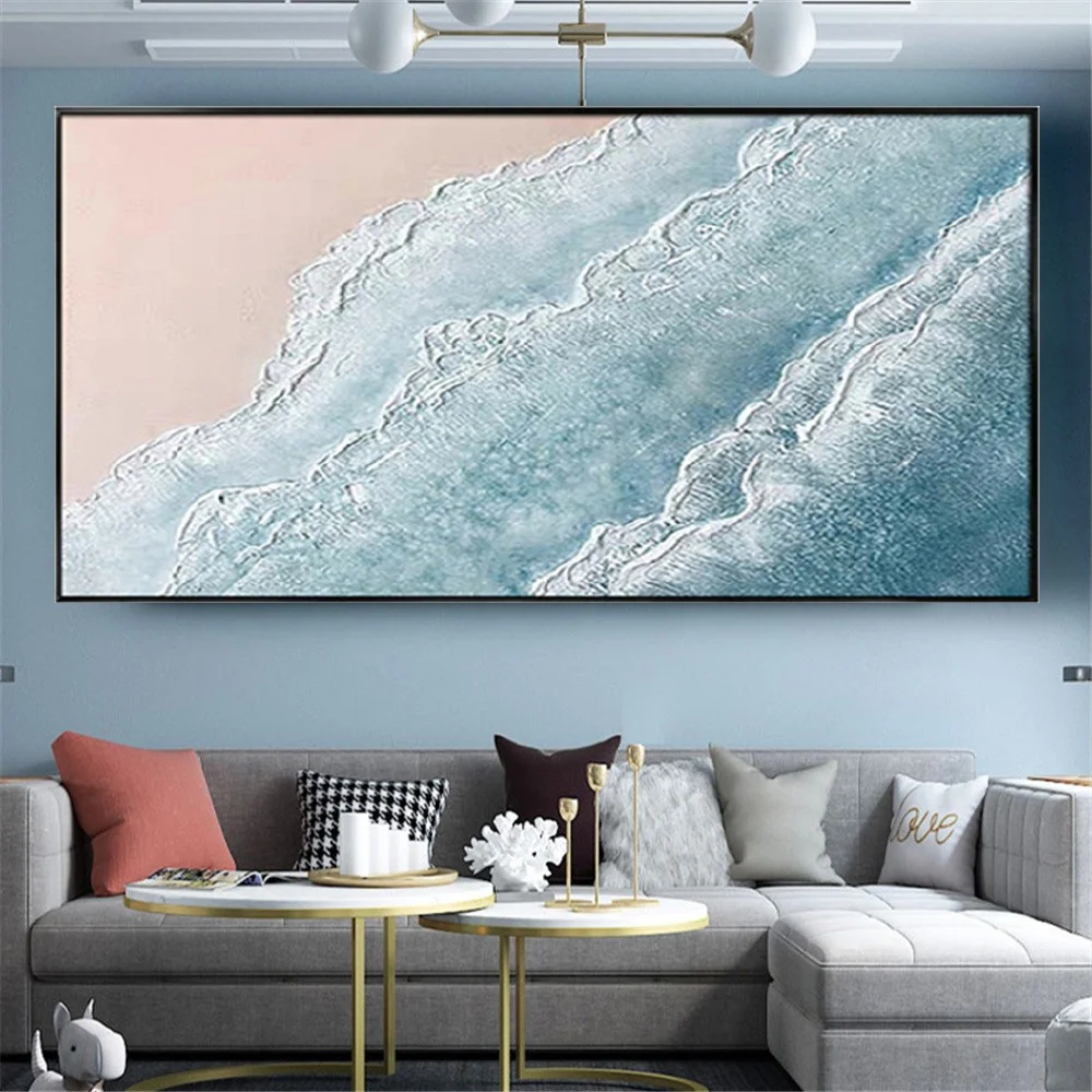

Handmade Ocean Seaside Thick Knife Landscape Blue Canvas Oil Paintings Decor Living Room Huge Horizontal Panel Wall Art Pictures