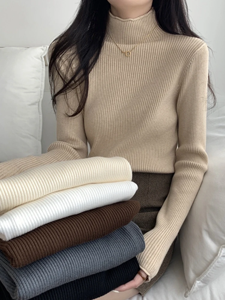 

Women Versatile Mock Neck Long Sleeved Sweater Autumn Winter Casual Slim Appear Thin Simplicity Solid Knitted Bottoming Shirt