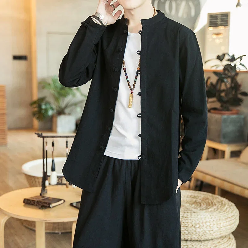 

Chinese Style Shirt Men Traditional China Kungfu Clothes Vintage Cotton Linen Shirts Hanfu Solid Men Tang Suit Top Spring Casual