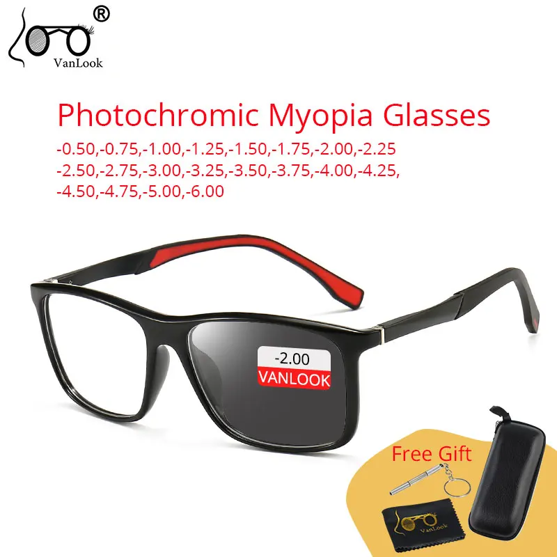 

Myopia Photochromic Glasses Men's Women Finished Chameleon Short Sighted Sunglasses TR90 Large Frame Square Eyeglasses -1 5 6.0