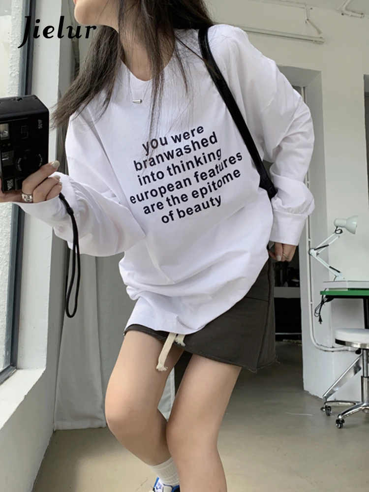 

Jielur Spring New Fashion Loose Women Blouse Slim Simple Round Neck Female Long Sleeve Casual Young White Grey Basic Women's Top