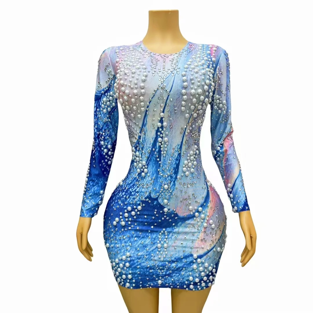 

Fashion Blue Print Pearl Short Dress for Women Birthday Prom Evening Celebrate Party Rhinestones Dress Singer Stage Show Costume