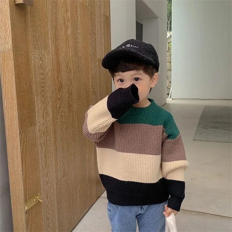 

Шерстяной свитер для мальчиков вязаный крючком хлопковый ветрозащитный 2023 Стильный теплый плотный осенне-зимний пуловер большого размера детская одежда