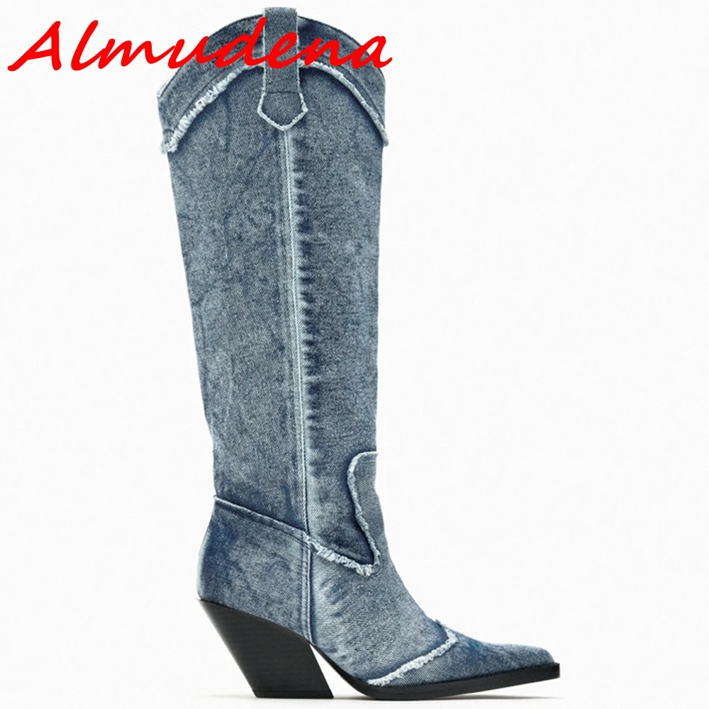 

Denim Women Autumn Winter Boots Pointed Toe Slip On Sewing Wedges 2024 Retro Netral Office Lady Comfy Fashion Knee High Boots