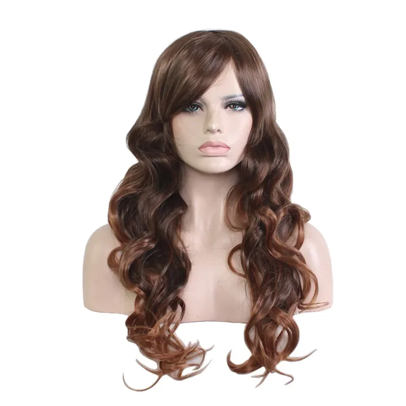 

fashion womens daily wear wig oblique bangs brown mixed color synthetic hair wigs long curly wavy cosplay fiber wig