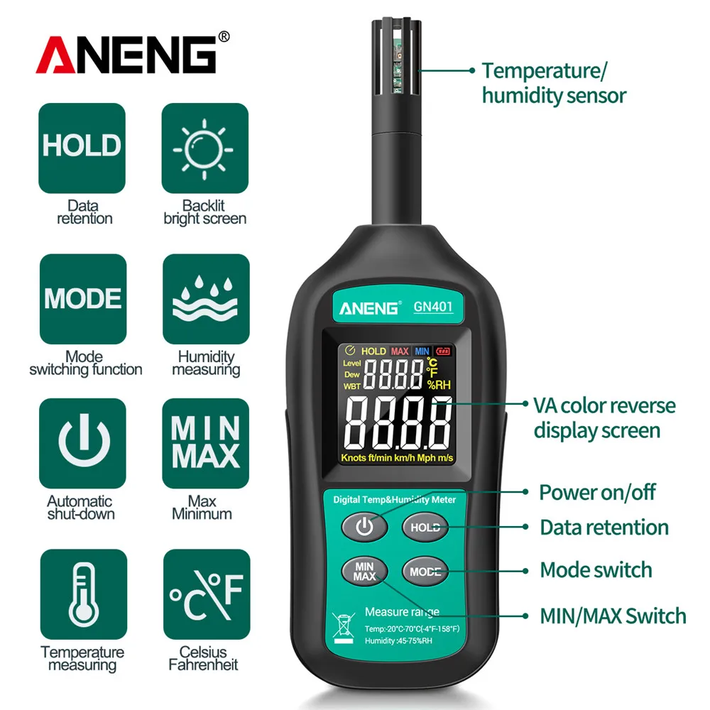 ANENG GN401 Multiscene measurement Temperature Humidity Meter Handheld Precision Digital Air Thermometer Hygrometer Gauge Tester
ANENG GN401 Multiscene measurement Temperature Humidity Meter Handheld Precision Digital Air Thermometer Hygrometer Gauge Tester