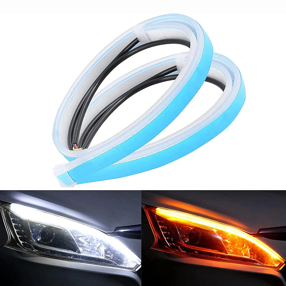 

2pcs 12V LED DRL Car Daytime Running Light Flexible Waterproof Flow DRL LED Strip Auto Headlights White Turn Signal Lamp Yellow