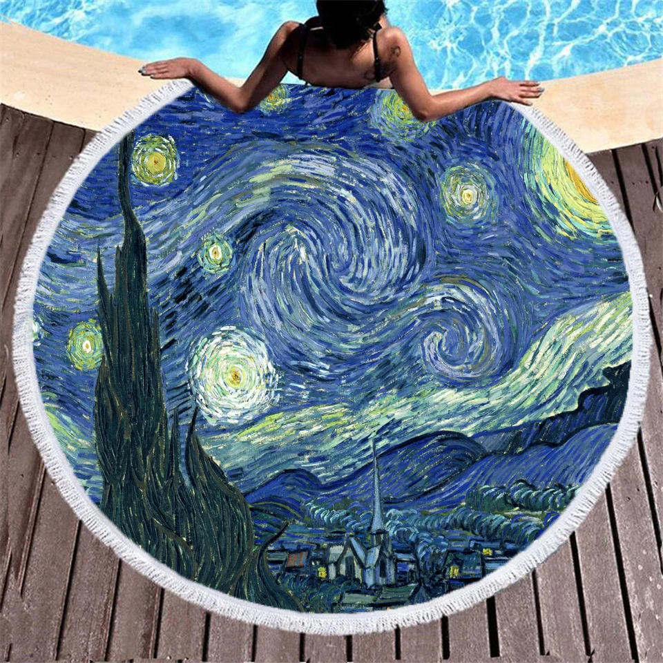 

Круглое пляжное полотенце с рисунком Ван Гога, звездное небо, банное полотенце с 3D принтом, полотенце из микрофибры, размер 150 см, для плавания, путешествий, спорта, для взрослых
