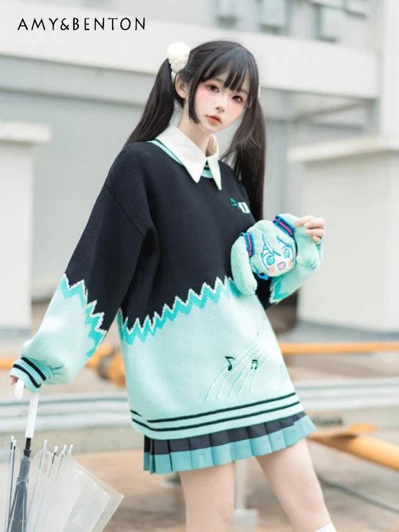 

Sweet Cute Detachable Three-Dimensional Anime Doll Round Neck Pullover Spring New Japanese Preppy Style Kawaii Loose Sweaters