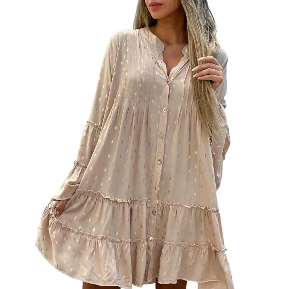 Loose Cut Pleated Dress Elegant V Neck Midi Dress with Long Horn Sleeves A-line Silhouette for Women for Summer Vacation
Loose Cut Pleated Dress Elegant V Neck Midi Dress with Long Horn Sleeves A-line Silhouette for Women for Summer Vacation