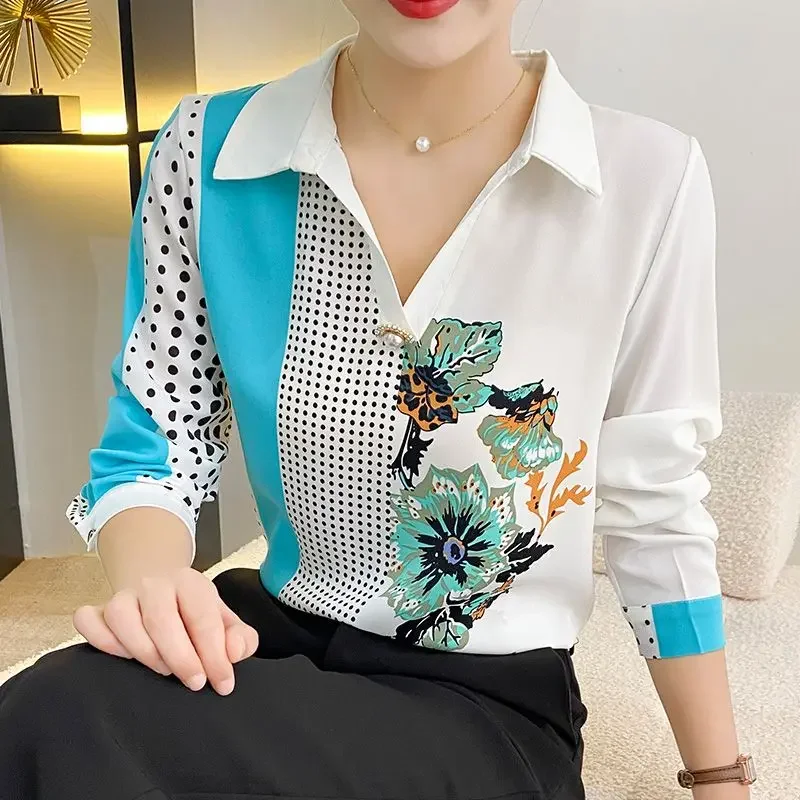 

Women's Clothing Fashion Vintage Printed Spliced Long Sleeve Shirt Autumn Korean Casual Polo-Neck Beading Blouse for Female E383