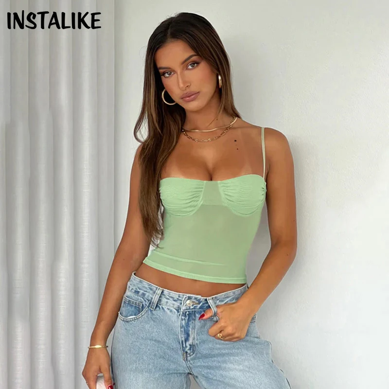 

InstaLike Summer Sexy Cropped Top Mesh Transparent Folds Slim Chic Short Tank Sexy Elegant Base Top Sleeveless Cami Solid Vest