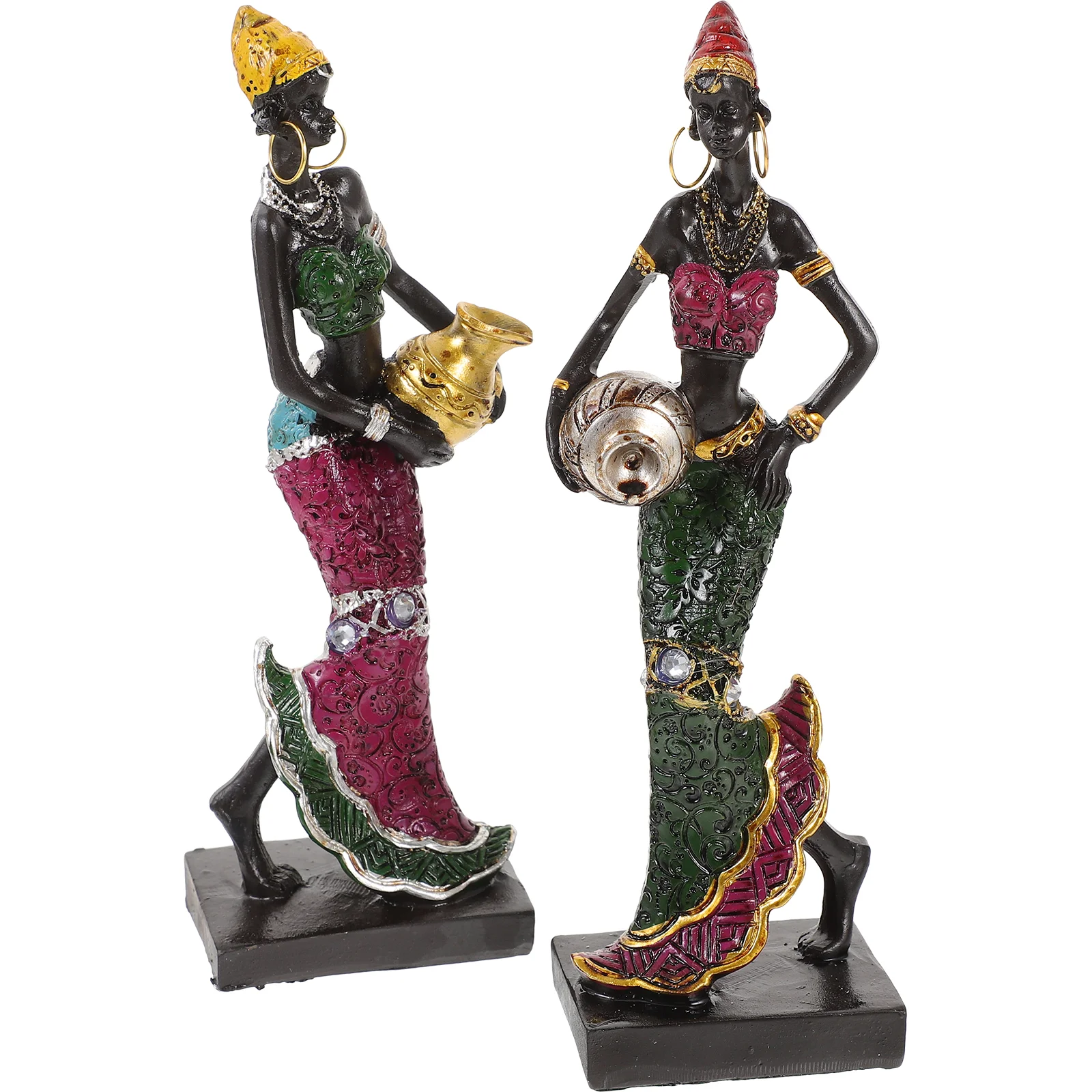 

2Pcs African Lady Sculpture Tribal Lady Figurine Statues Resin Craft Collection Statue