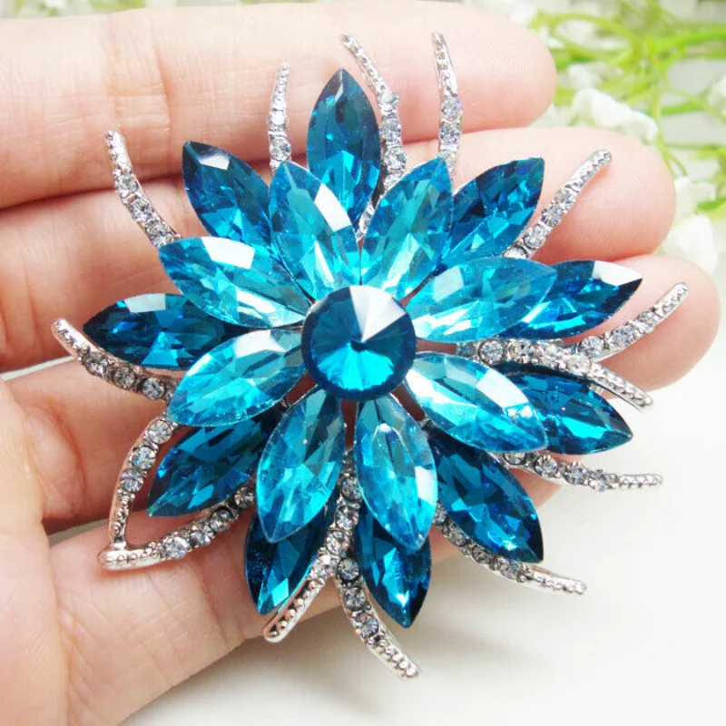 

Fashion Luxury Designers Design Brooches Elegant Blue Sun Flower Woman's Silver Tone Brooch Pin Rhinestone Crystal Party Pins