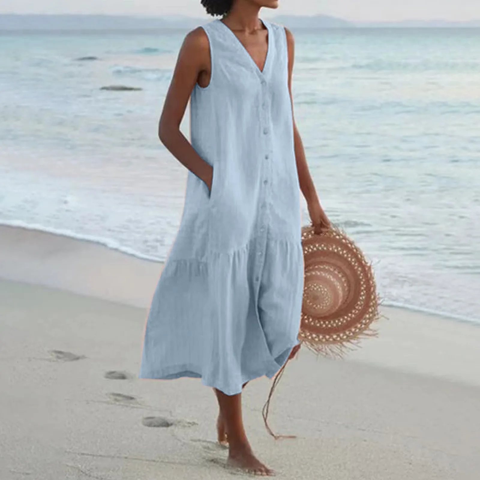 Summer Dress Women Sleeveless V-neck Long Dresses Casual Buttons Down Loose Beach Holiday Dresses Female Clothing
Summer Dress Women Sleeveless V-neck Long Dresses Casual Buttons Down Loose Beach Holiday Dresses Female Clothing