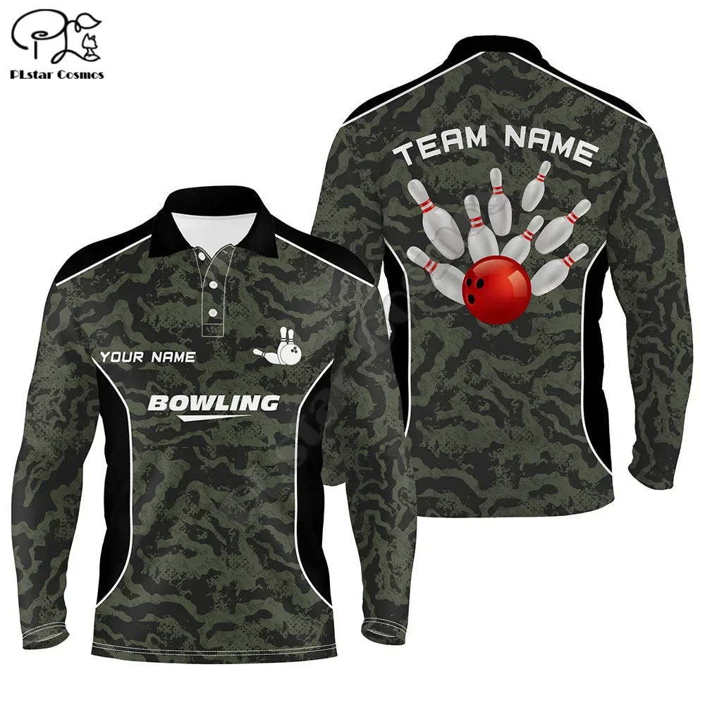 

Mens polo bowling shirts Custom bowling ball and pins camo Bowling Team Jersey for men 3D Printed Long sleeved Polo Shirts