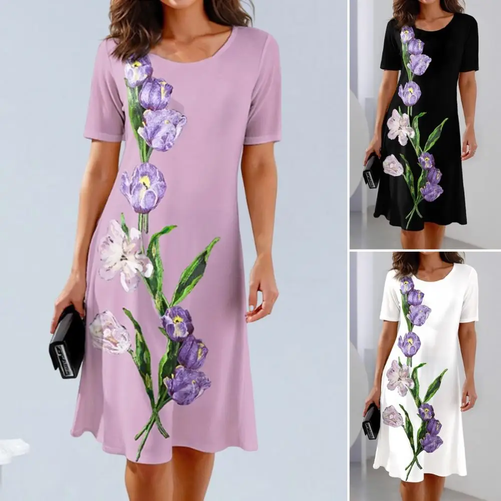 

Loose Fit Long Dress Floral Tulip Print Summer Dress for Women Soft Breathable Pullover A-line Knee Length Midi for Commute