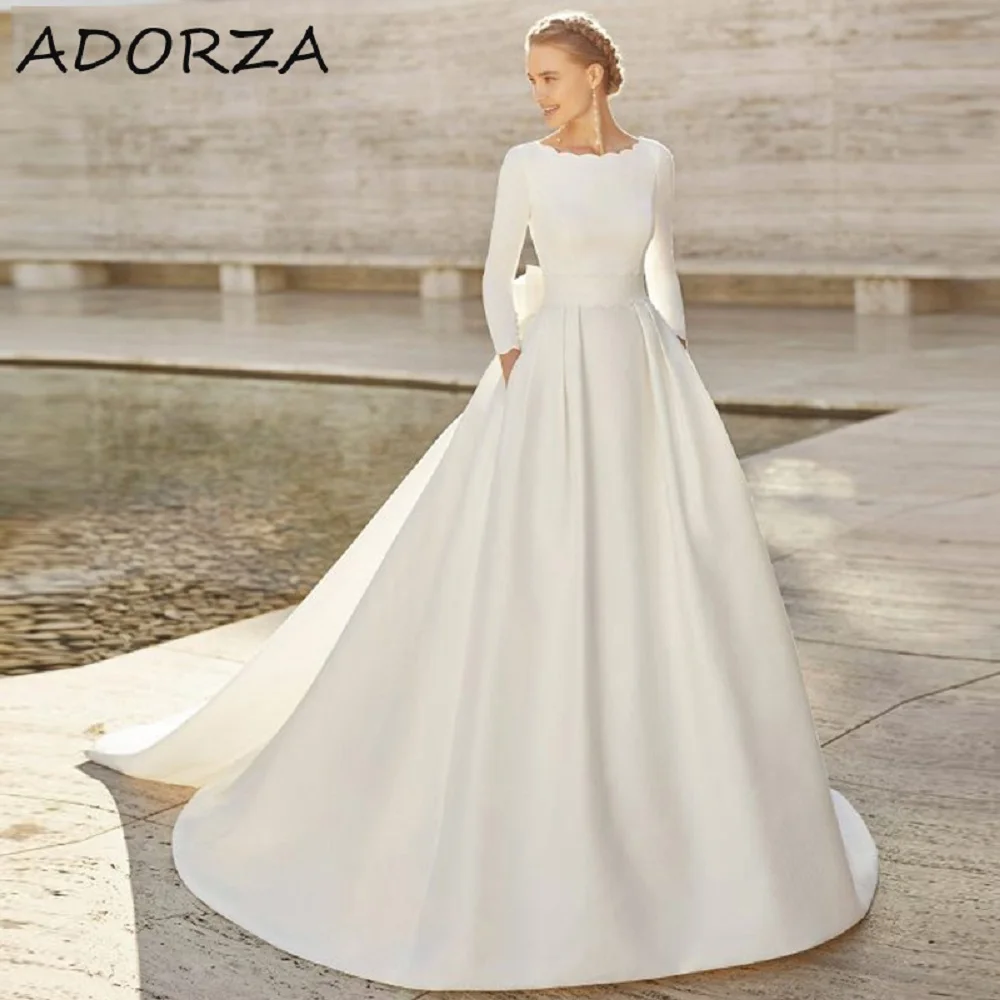 

Женское свадебное платье с длинным рукавом Adorza, Простое Элегантное ТРАПЕЦИЕВИДНОЕ ПЛАТЬЕ со съемным бантом и шлейфом в стиле часовни, 2024