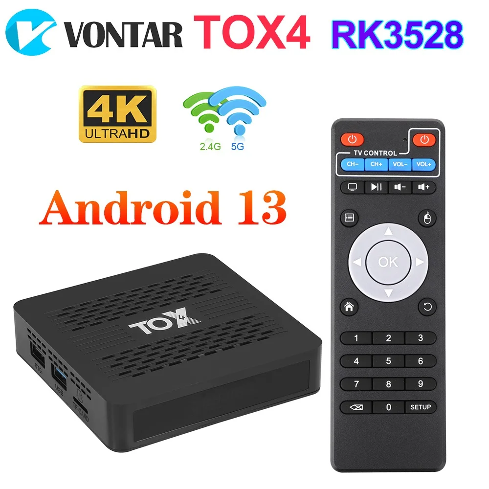 

TOX4 Android 13 Smart TV Box 4GB 32GB RK3528 Dual Wifi 1000M LAN BT5.0 Support H.265 4K DLNA HDR10 Media Player Set top box