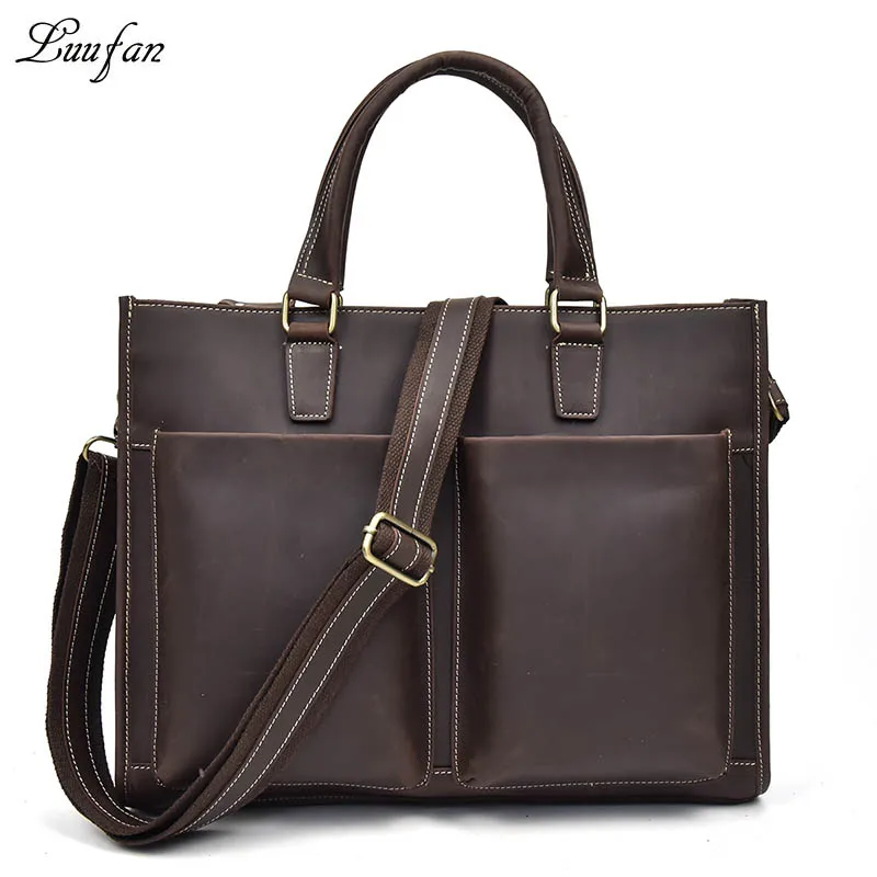 

Men's vintage crazy horse leather briefcase fit 14" Laptop Brown Cow Leather work tote A4 Brown business bag shoulder bag