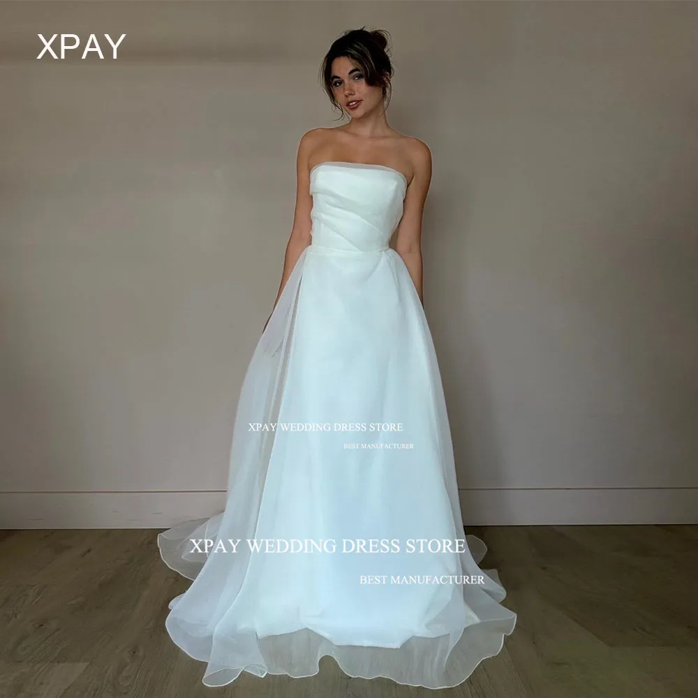 

XPAY Princess Strapless Organza A Line Wedding Dresses Sleeveless Backless Draped Bridal Gowns Floor Length Custom Bride Dress