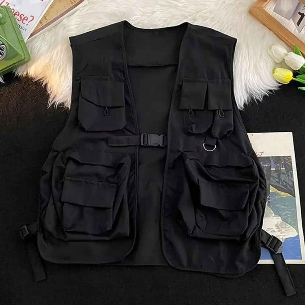 

Men Vest Jacket Streetwear Cargo Vests Unisex Hip Hop Style with Multi Pockets Buckle Closure for Men Women Cold Weather Vest