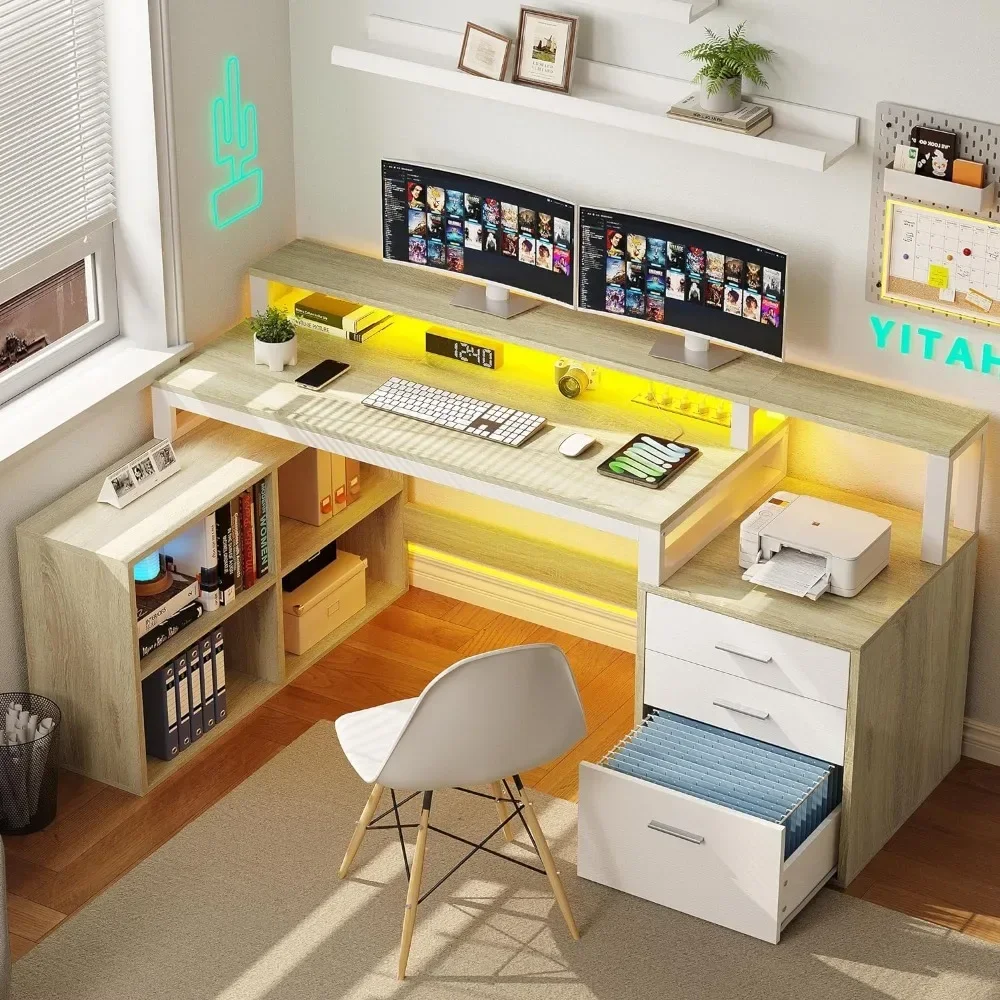 

L-образный стол с розетками питания и фонариками, шкафчик для файлов, компьютерный стол 65 дюймов, угловой стол, стол для дома и офиса с подставкой для монитора