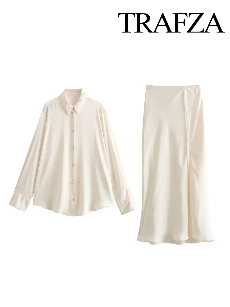 

TRAFZA Women's Summer Retro Spliced ​​Silk Satin Textured Shirt + Sexy High Waist Women's Slim Front Slit Fishtail Skirt 2-piece