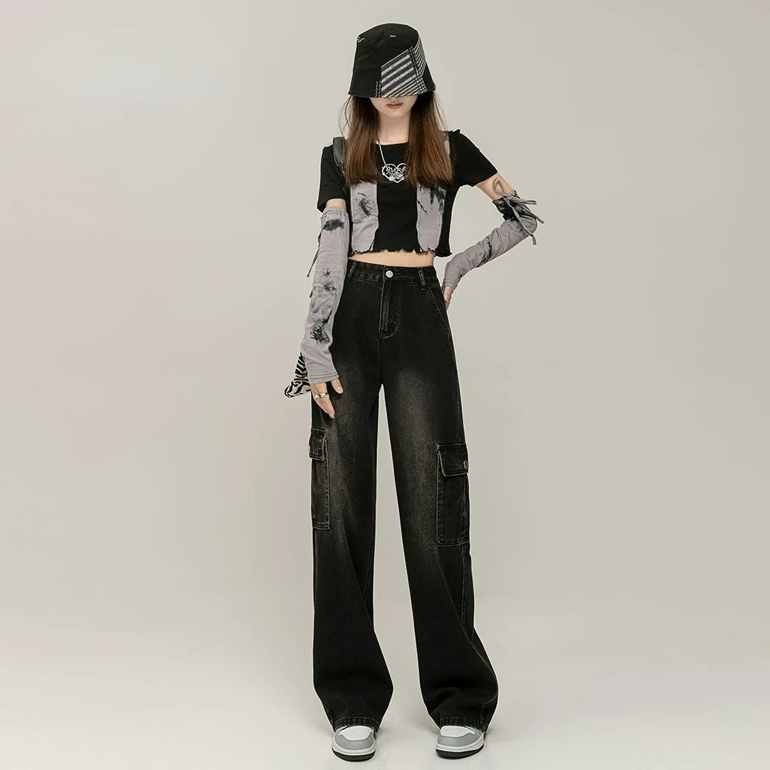 Vintage High-waisted Jeans Women Spring Autumn New Wide Leg Mopping Denim Cargo Pants Pockets Button Do Old Office Lady Trousers
Vintage High-waisted Jeans Women Spring Autumn New Wide Leg Mopping Denim Cargo Pants Pockets Button Do Old Office Lady Trousers